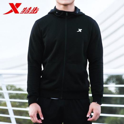 特步卫衣男装运动外套男2025春夏新款防风纯色夹克男舒适休闲长袖 黑-9276（连帽） M