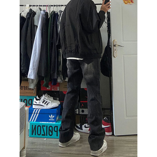 7 Jeans lavés américains de haute qualité pour hommes d'automne et d'hiver nouveau style large largeur tendance High Street Casual Straight Work Travail WKXS-K683 Black S