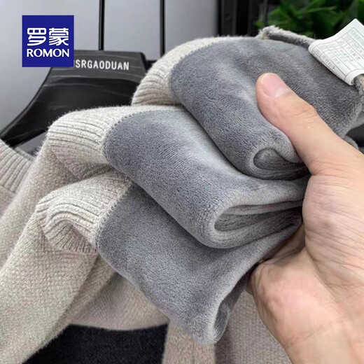 Luo Meng all-in-one velvet high-end round neck sweater men's autumn and winter velvet thickened warm base sweater clothes light gray XL