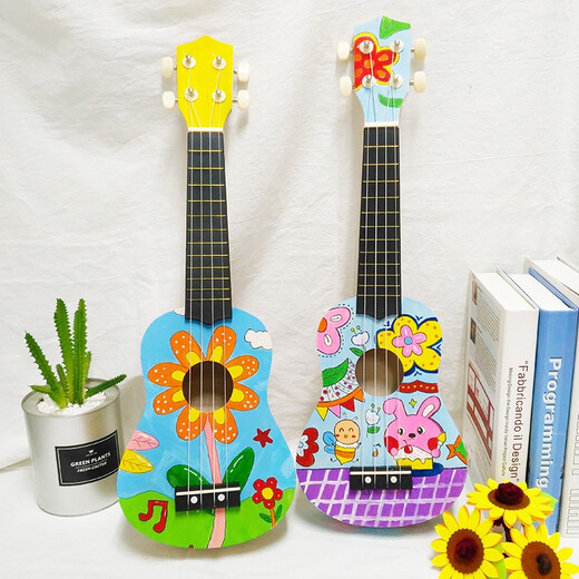Assemble Ukulele DIY kleine Gitarre handgefertigtes hausgemachtes Materialpaket mit handbemaltem Holzgraffiti 17-Ton-Daumenklavier (ohne Pigmentstift)