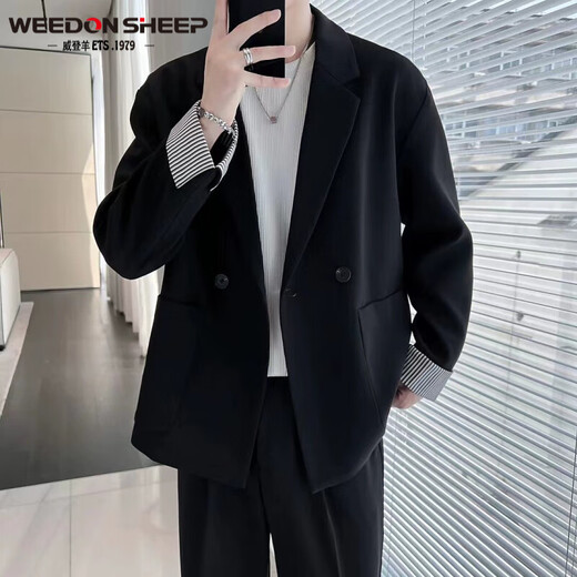 Vuitton sheep's spring new men's casual and versatile suit suit, fashionable top, loose suit jacket for men, black jacket + white long T + trousers, three pieces XL