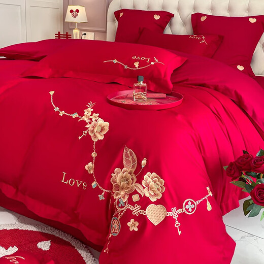 Antarctic wedding four-piece set of grinding tribute satin thickened big red wedding dowry Chinese wedding quilt full set, romantic 1.5-1.8 meters bed four-piece set (quilt cover 200*230)