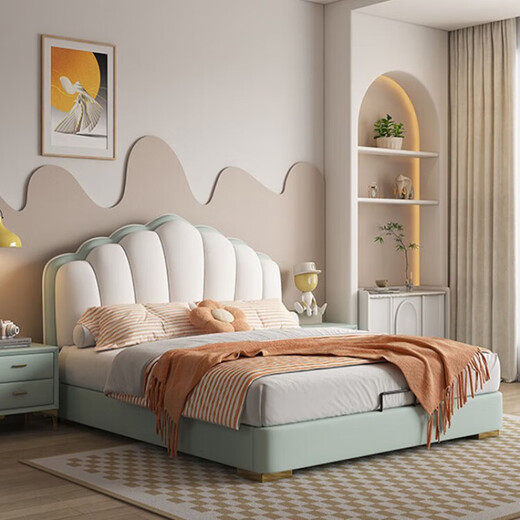 Wufan modern soft-packed shell bed cream style master bedroom double bed 1.8m soft-packed storage bed small and medium-sized apartment full-edge bed + skin-friendly independent bag spring mattress + 1 cabinet 1.8*2m frame bed 15cm silent bed board