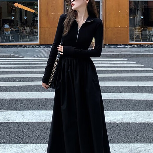 Miao Yijia Dress Women's Autumn Women's Skirt Knitted New High-end Long Skirt with Coat French Waist Slimming Black Zipper Long Sleeve A-Line Hepburn Style Dress XL Recommended 105-120 Jin Jin is equal to 0.5 kg