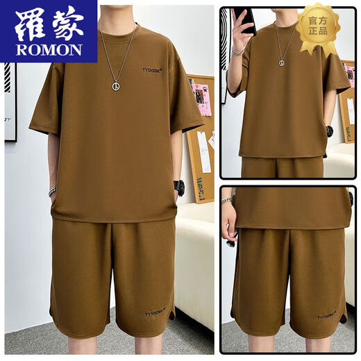 Romon 2025 Sommer Casual Sports Set Herren dünne lose atmungsaktive Kurzarmshorts Zweiteiler gutaussehender Männerkleidung TZ683DT Kaffee Kurzarm + Shorts m