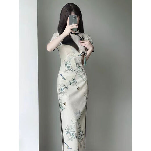 Reserved style new Chinese retro Republican style cheongsam 2025 summer new young girl slim dress for women long 719 flower branches [excluding accessories] M Recommended 85-100 Jin [Jin equals 0.5 kg]