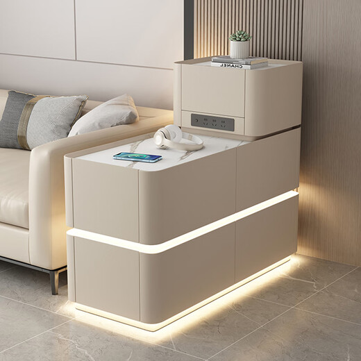 Kaishidi 2024 new style sofa side table with light and socket, light luxury and high-end sense, multi-functional side cabinet storage for small apartment living room, cream color (male steak plug + voice light strip), width 40* length 100, height 85cm
