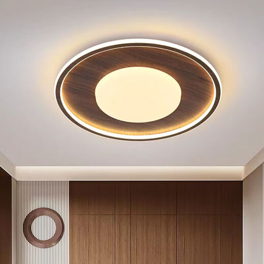 Qianzhang Lamp 2024 New LED Ceiling Lamp New Chinese Style Bedroom Room Warm Wood Grain Aisle Balcony Study Room Zhongshan Lamp Full Spectrum Walnut Color - Wave Round 50CM Three Color Dimming (No Remote Control)