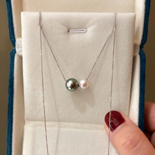 DRJEFUN Tahitian natural black freshwater pearls peacock green strong aurora Akoya size double beads passepartout 18K necklace 7-7.5