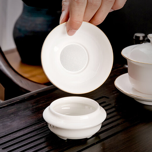 Yuantao kiln gold mutton fat jade kung fu tea set high-end Dehua white porcelain household complete set teapot covered bowl tea cup covered bowl big belly cup painted gold/safety packaging 12 pieces