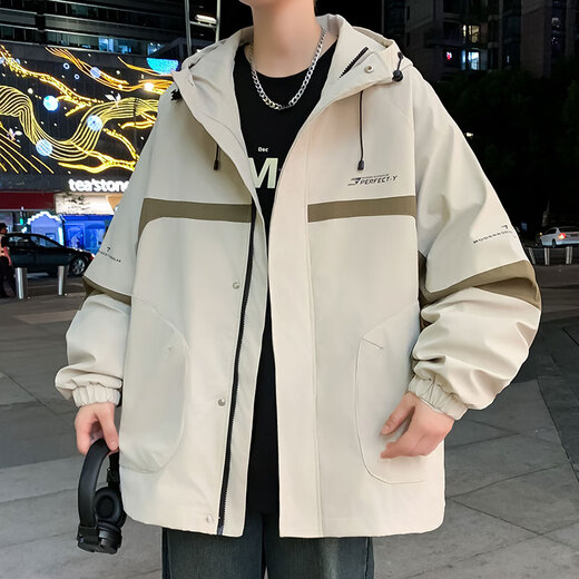 珝嬛美式夹克男春秋季2024新款连帽夹克男潮牌青少年撞色工装外套男 719米色 XL 约120-132斤可穿