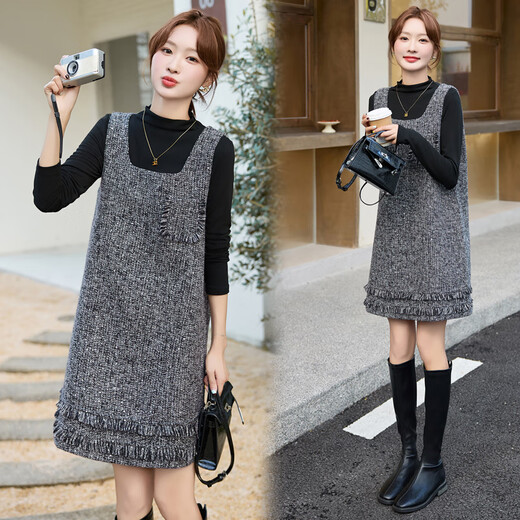 Vestido de otoño e invierno de Markyinxiang 2025 Nuevo temperamento de alta gama de chicas ricas pequeñas fragantes de lana de lana falda corta falda set negro lns9713 s