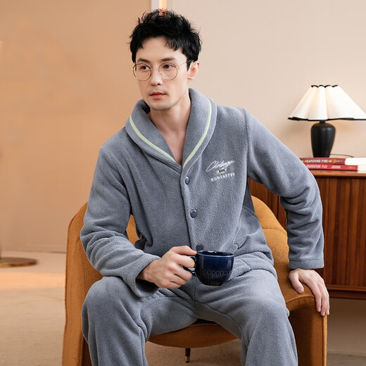 Fenten Couple Pajamas Thickened Double-sided Warm Velvet Autumn and Winter Lapel Long Sleeve Simple Warm Home Clothing Set Light Gray Blue-Men's 2XL