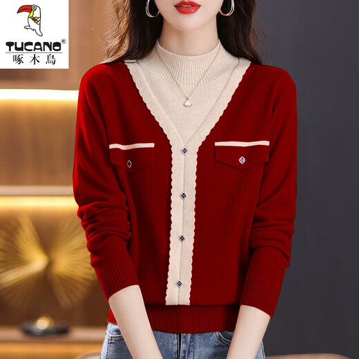 Woodpecker fake two-piece sheep sweater women's autumn and winter new half turtleneck slim sweater color matching versatile knitted bottoming top off-white S