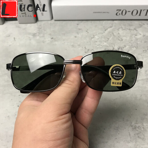 LUCALY sunglasses for driving, tempered glass lens sunglasses for men, drivers, square eyes, driving, fishing glasses, women's sunglasses, men's fashion, gun gray frame, dark green film (high-definition tempered glass) + mirror bag, mirror cloth