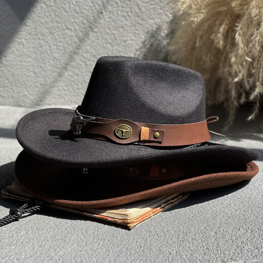 Woodpecker [Brand] Big Bullhead Western Cowboy Hat Men's Autumn and Winter Casual Versatile Retro Black Woolen Top Hat Women's Tibetan Jazz Hat Cowhead Belt Woolen Jazz Hat Off-White JSM-010 One Size 55-60CM