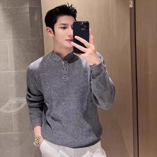 Kazuki Kuraishi's high-end Henry collar thickened sweater for men in winter new casual solid color bottoming shirt knitted casual top Gray XL 130-145Jin Jin equals 0.5 kg