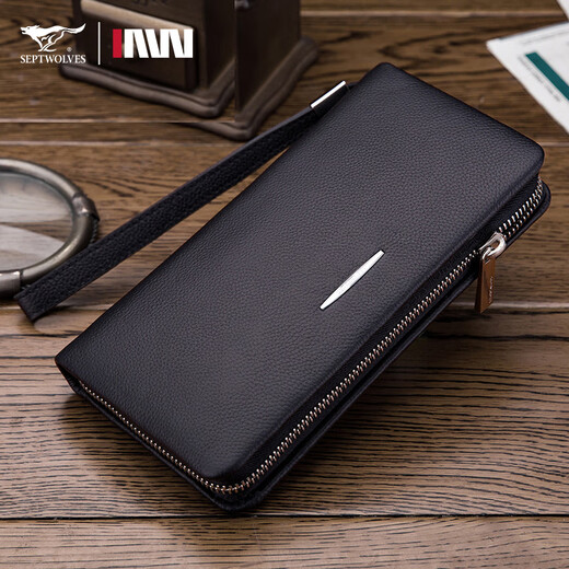 Seven Wolves men's handbag head layer cowhide large capacity clutch single zipper handbag Father's Day gift practical for dad black small trumpet 21 wide 11 thick 3cm
