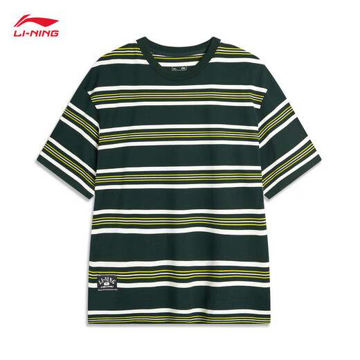 Li ning t-shirt couples automne coton simple rayé rond rond à manches courtes à manches courtes ahsu655 rétro vert-3 2xl