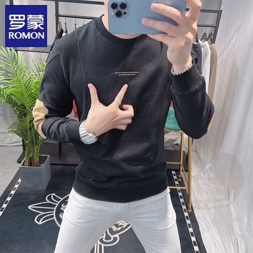 Romon European Station 2026 Spring and Autumn New Style Spliced Sweater Men's Personalized Round Neck Casual Trendy Fashion Versatile Top Gray M 90-105Jin Jin is equal to 0.5 kg