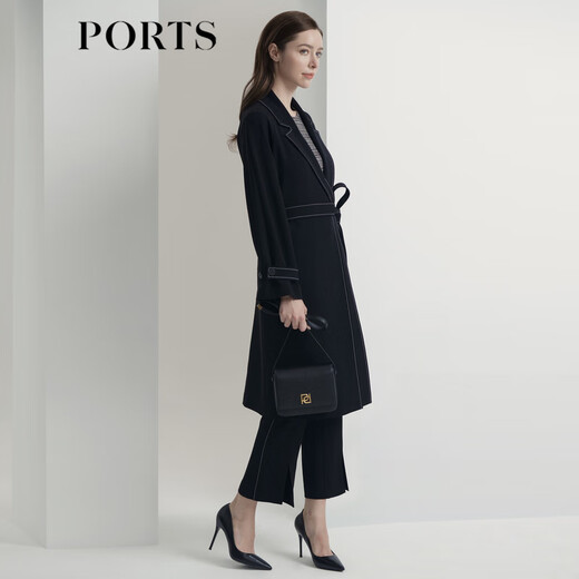 
PORTS Women's Clothing Autumn and Winter New Long Sleeve Medium Long Trench Coat LL9T022LWB006 Black M (6)