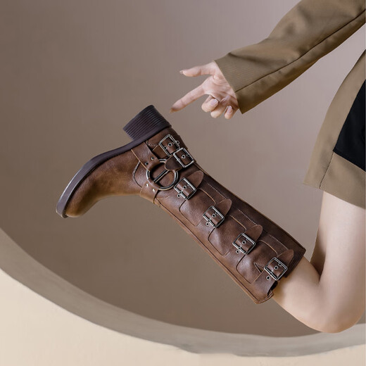 
Feyuega Knight Boots Women's Retro Maillard Thick Heel Belt Buckle Martin Boots But Knee Boots New Western Denim Boots Brown 37