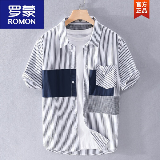 
ROMON striped shirt men's summer men's short-sleeved design niche splicing new men's cotton casual shirt 9738 black stripes L Recommended weight 125-140Jin [Jin equals 0.5 kg]