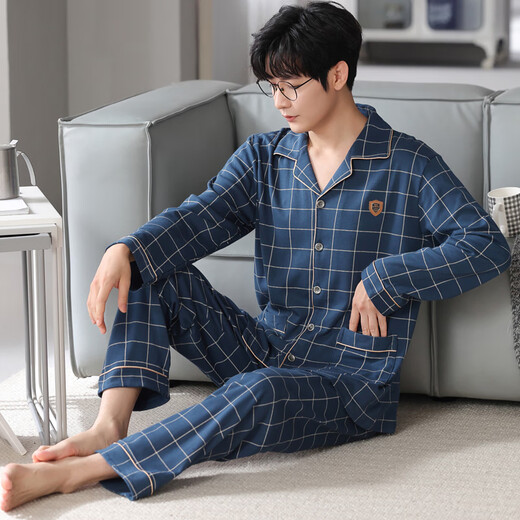 Cat Man Pure Cotton Pyjamas Herren Frühling und Herbst Langarmhose großer Größe Casual Lose Home Clothing Set Alle Baumwolle können äußere Verschleiß 3888 Blau 3xl [vorgeschlagen 170-190jin [Jin gleich 0,5 kg]]]