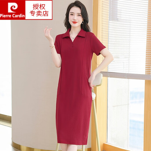 Pierre Cardin Kleid mit Polokragen, reine Baumwolle, Damen, Sommer, Revers, mittellang, locker, lässig, große Version, schmal, modisch, T-Shirt-Rock, rot, 9859, Stil L 110120Jin Jin entspricht 0,5 kg