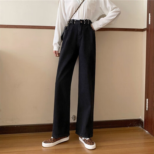 
Xilino 2025 Spring and Autumn Korean version of high-waisted black jeans for women Chc straight-leg students versatile slimming wide-leg pants light blue basic style 9928 M