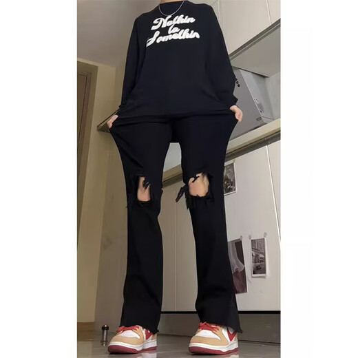 迪伽达纯黑色破洞牛仔裤男修身直筒江浙沪高个子加长裤子高街美式微喇裤 DFFS-723黑色 XL