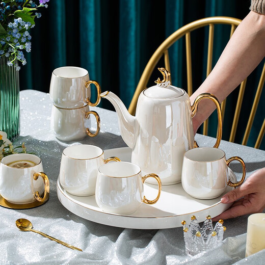 Huangtong Jingdezhen High Temperature Resistant Ceramic Water Set Luxury Phnom Penh Nordic Style Living Room Teapot Teacup Gift Afternoon Tea Aegean Sea Pearl White High-end Water Set
