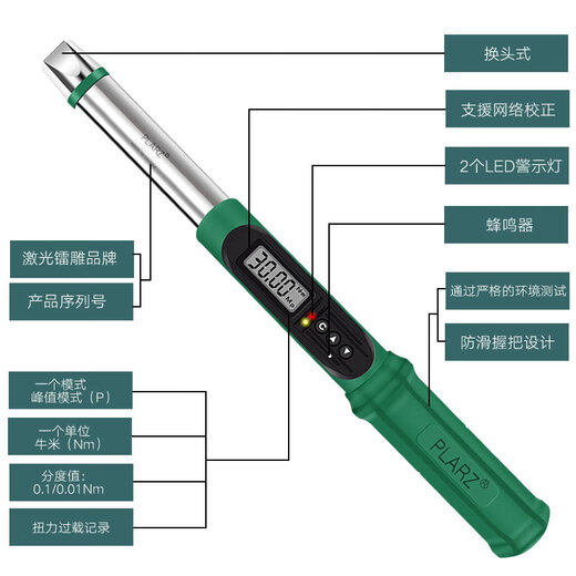 PLARZ China Taiwan imported exchangeable head digital display torque wrench adjustable movable open head torque wrench preset 9*12mm torque 3-60N.m accuracy 2%