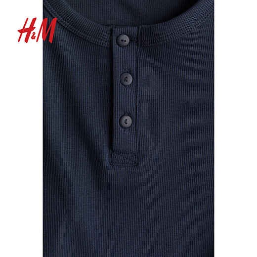 H&M children's clothing boys' T-shirt autumn casual comfortable fashion round neck cotton henley shirt 1233749 navy blue 120 60