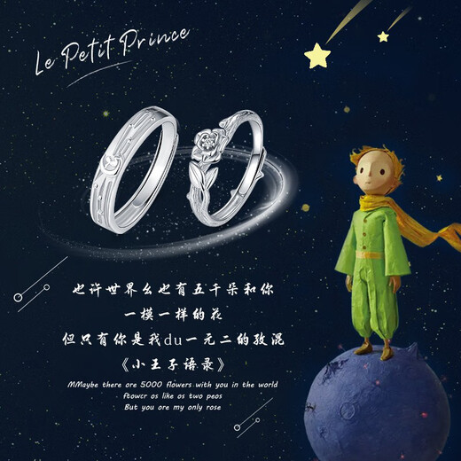 MZMZ Little Prince and Rose Couple Ring PT950 Platinum Adjustable Engagement Ring Birthday Gift for Girlfriend Couple Ring Live Pair