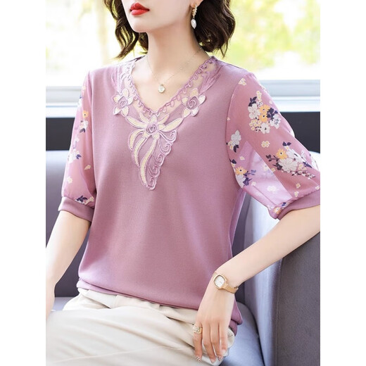 Yu Zhaolin (Yuzhaolin) mittlerer und älterer Frauenkleidung, sommerliche Kurzärärt-T-Shirt Ice Seide Top 2025 Neuer klassischer Stil FQLH698 Lederpulver + schwarze Slips) XL (90-105jin [Jin gleich 0,5 kg]))