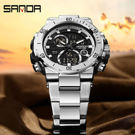 
SANDA electronic watch male student waterproof sports junior high school student Chinese Valentine's Day gift for boyfriend 6175 black silver