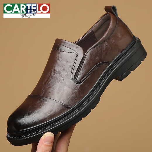 卡帝乐鳄鱼（CARTELO）皮鞋男款2025新款商务正装休闲鞋真皮软底一脚蹬透气中年爸爸鞋子 3527黑色 39