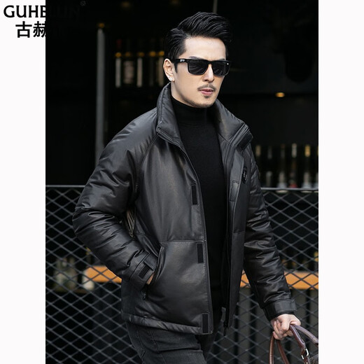 
GUHELUN leather down jacket men's stand collar short winter sheepskin jacket casual jacket plus velvet thickened motorcycle leather jacket black 2XL 180/2XL suitable for 145-160Jin [Jin equals 0.5 kg]
