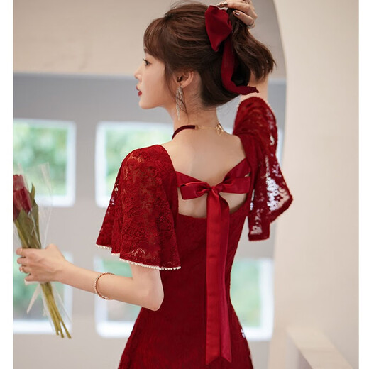 兰卡·罗妮兰卡罗妮敬酒服新娘平时可穿结婚订婚连衣裙回门小晚礼服蕾丝 酒红色中长款 XL