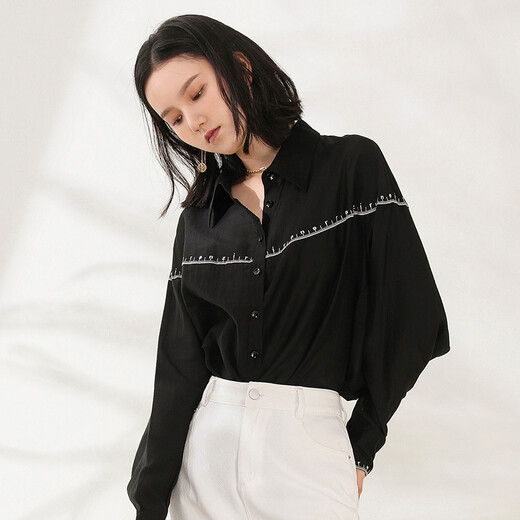 YIFINI chemise Tencel ample mince sexy chemise noire et blanche pour femme haut à manches longues printemps nouveau 2107C902 noir 0L