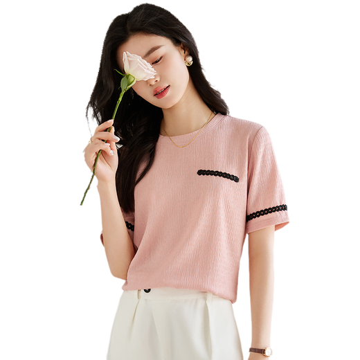 She enjoys a short-sleeved T-shirt for women's round neck and small fragrance style top fashionable simple short-sleeved base shirt T143T1428