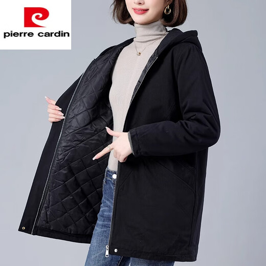 Pierre Cardin middle-aged and elderly women's spring and autumn mid-length coat 2025 new middle-aged mom | mom casual loose hooded cotton style Khaki XL suitable for 125-135 Jin Jin equals 0.5 kg