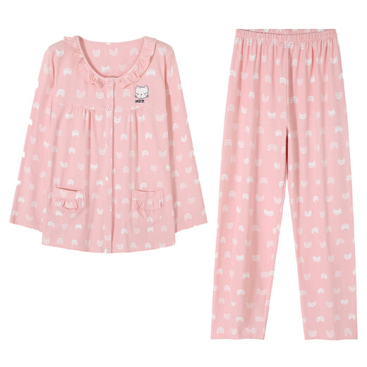 Quguo (Quguo) Spring and Automne Femme's Pyjama Cardigan Long Manche à manches longues Pure Coton Spring and Automne Automne Full's Full Cotton Home Clothing Ensemble 9272 POUDRE DE CHRIQUES 2XL [RECOMMANDÉ 140-160JIN [JIN ÉQUILATIONS 0,5 KG]]
