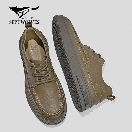 Septwolves men's shoes winter 2025 new casual leather shoes men's cowhide breathable soft sole business casual shoes commuting to work leather shoes khaki 40