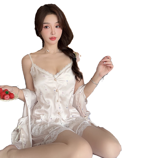 维多利亚的格调新款带胸垫真丝睡衣女夏季短袖短裤三件套感性感吊带家居服可外穿 6624【带胸垫三件套】 L