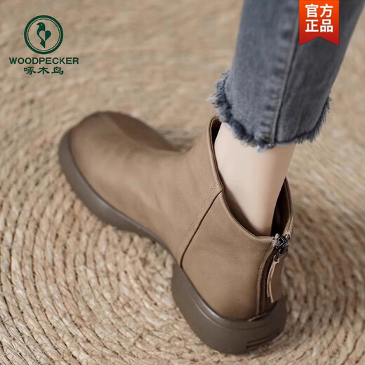 Woodpecker Broken Code Genuine Leather Retro Back Zipper Martin Boots Women's Single Boots 2025 Autumn and Winter New Short Boots Women's Khaki Velvet 37