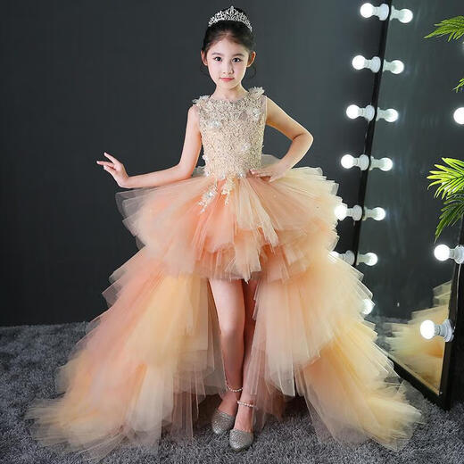 
A 21 FUNB flower girl light luxury evening dress girl princess skirt tailing wedding dress puffy host show birthday piano costume - champagne color tailing [detachable] 140