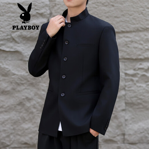
Playboy (PLAYBOY) New Chinese style Chinese style modified Zhongshan men's top Spring and Autumn New Chinese style jacket Internet celebrity jacket stand collar suit set Black suit + trousers Give belt M