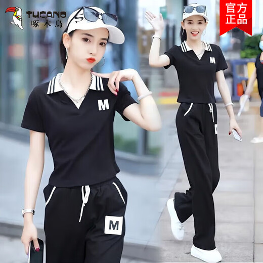 Woodpecker (TUCANO) 2024 summer new sportswear suit for women fashion internet celebrity thin short-sleeved age-reducing fashionable casual two-piece set White trousers suit [short-sleeved + trousers] M [Suggested 80-100Jin [Jin equals 0.5 kg]]